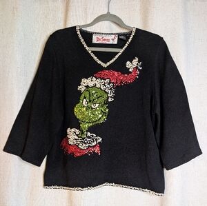 Vintage 2001 Michael Simon Dr. Seuss Grinch Christmas V-neck Sequin Sweater XL